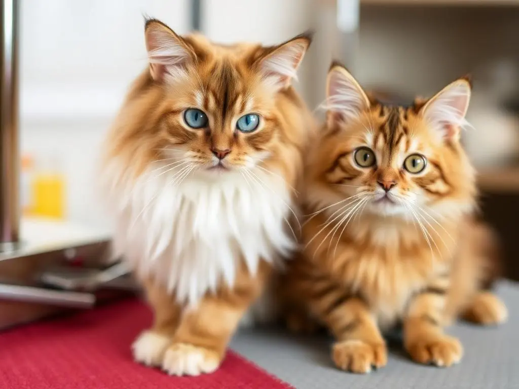 Cat Grooming : How to Keep Your Kitty Clean and Happy 4 Two cats with captivating blue eyes sitting side-by-side, one with a fluffy white coat and the other a tabby, on a soft red surface