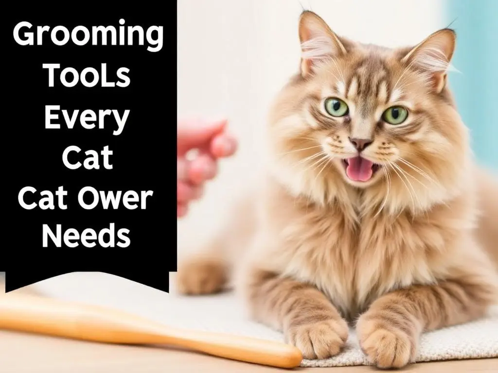 Cat Grooming : How to Keep Your Kitty Clean and Happy 3 Fluffy light brown cat with green eyes sitting on a white surface, with a wooden grooming brush in the foreground and text that reads 'Grooming Tools Every Cat Owner Needs.