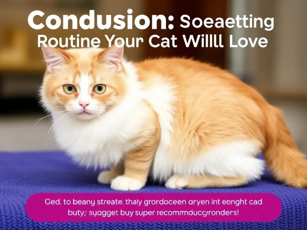 Cat Grooming : How to Keep Your Kitty Clean and Happy 7 Charming white and orange cat with bright green eyes on a textured purple surface, with text that reads 'Condusion: Soeaetting Routine Your Cat Willll Love.