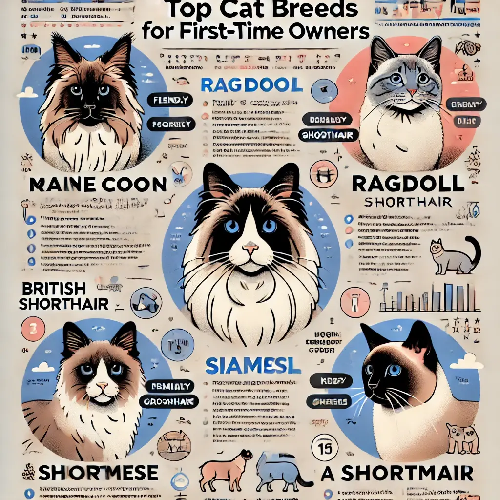 Top 10 Cat Breeds for First-Time Owners 3 Top cat breeds for first-time owners: Maine Coon, Ragdoll, British Shorthair, Siamese, and American Shorthair.