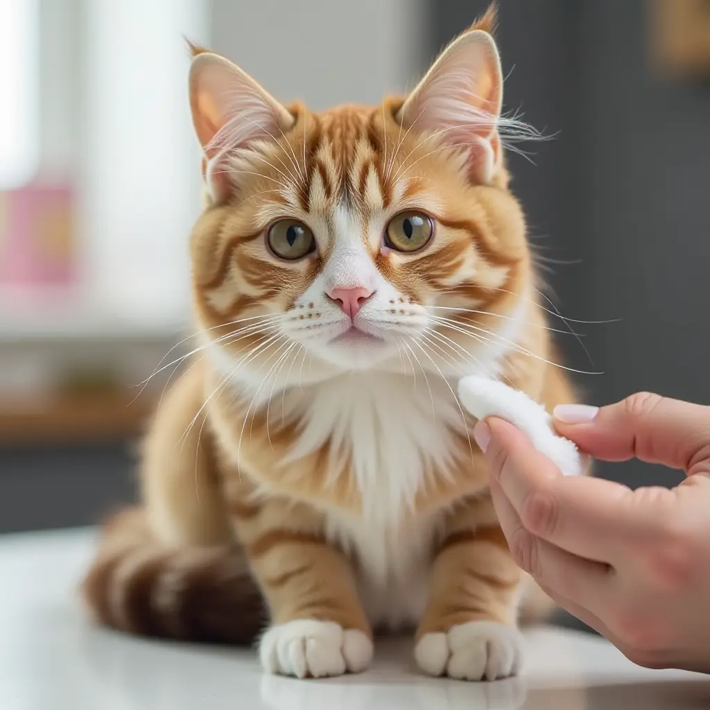 Cat Grooming : How to Keep Your Kitty Clean and Happy 2 Bright orange tabby cat with green eyes lying on a soft surface, looking directly at the camera. Overlay text humorously reads 'Empoffuts. Why grooming your cat is pin iguts!
