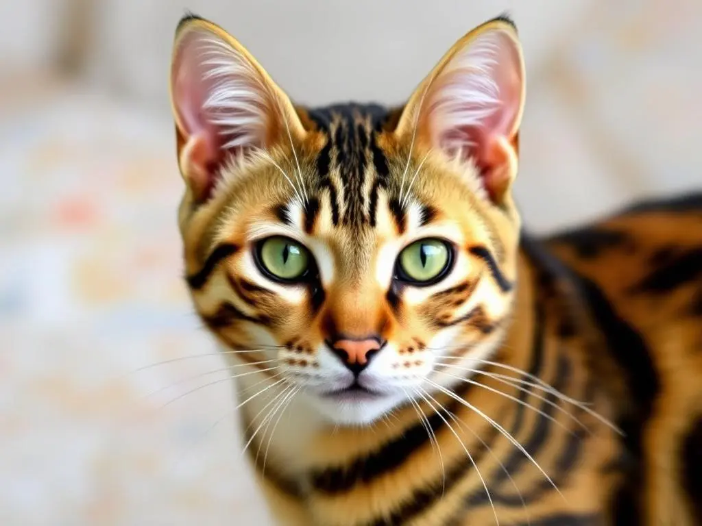 Beautiful Bengal cat with a sleek, spotted coat resembling a wild leopard