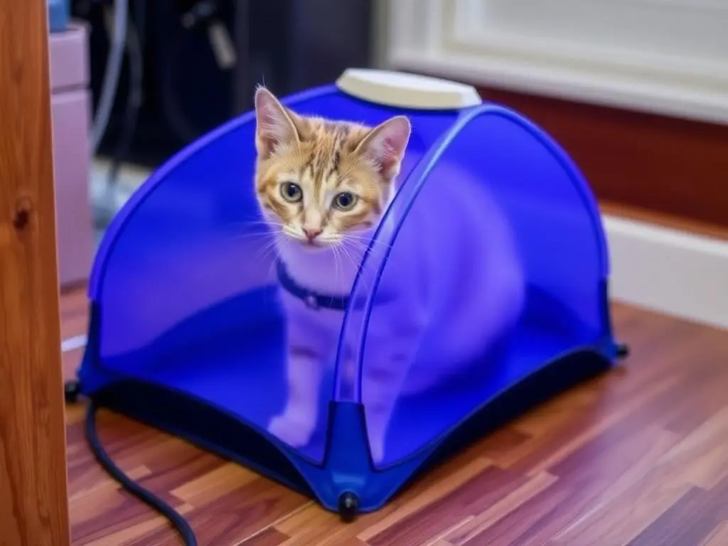 Essential cat protection products including a pet carrier, collar, and scratching post