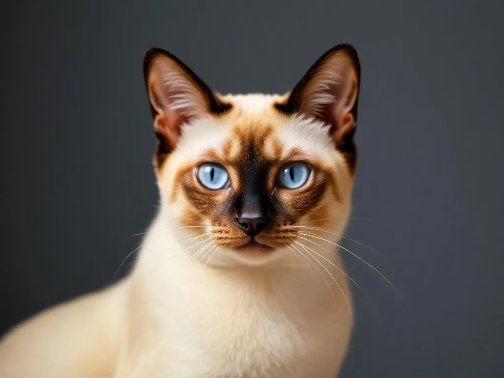 Graceful Siamese cat with a sleek body, blue almond-shaped eyes, and a short cream-colored coat with dark points.