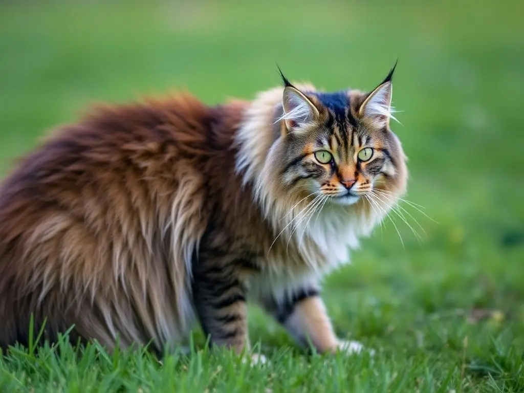  Maine Coon cat with a calm and affectionate demeanor, showcasing its large size and gentle nature.