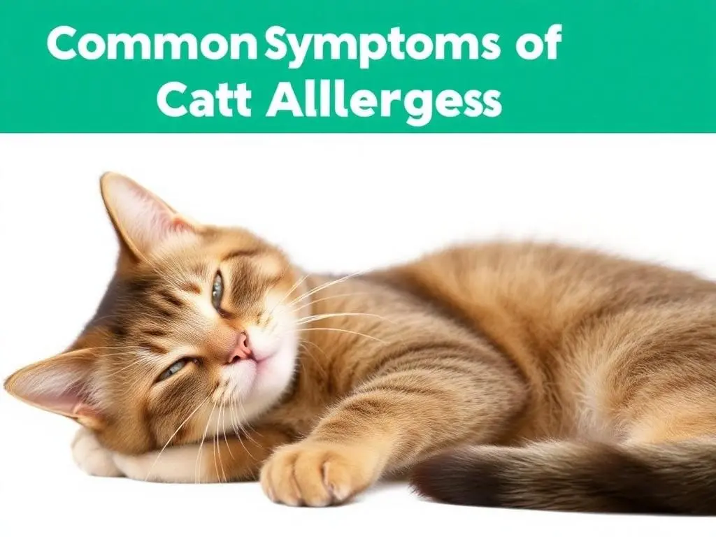 Cat Allergies Symptoms 3 Common symptoms of cat allergies including sneezing, itchy eyes, and coughing