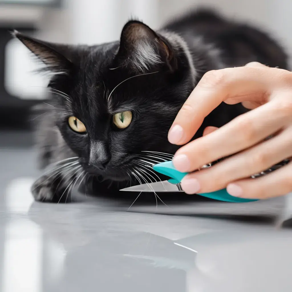 A calm gray cat getting its claws trimmed with safety nail clippers.