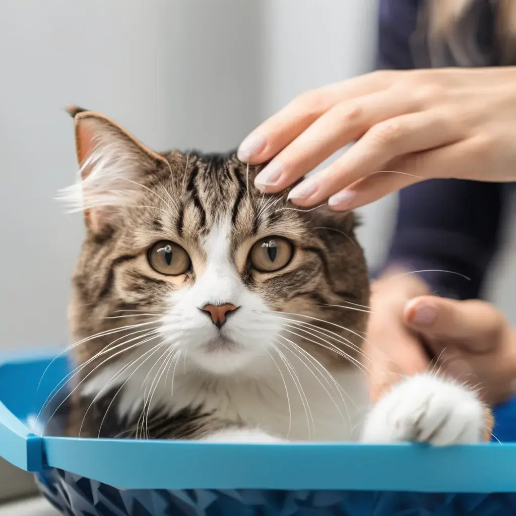 A close-up of a person gently trimming a cat's claws with a pet nail clipper.