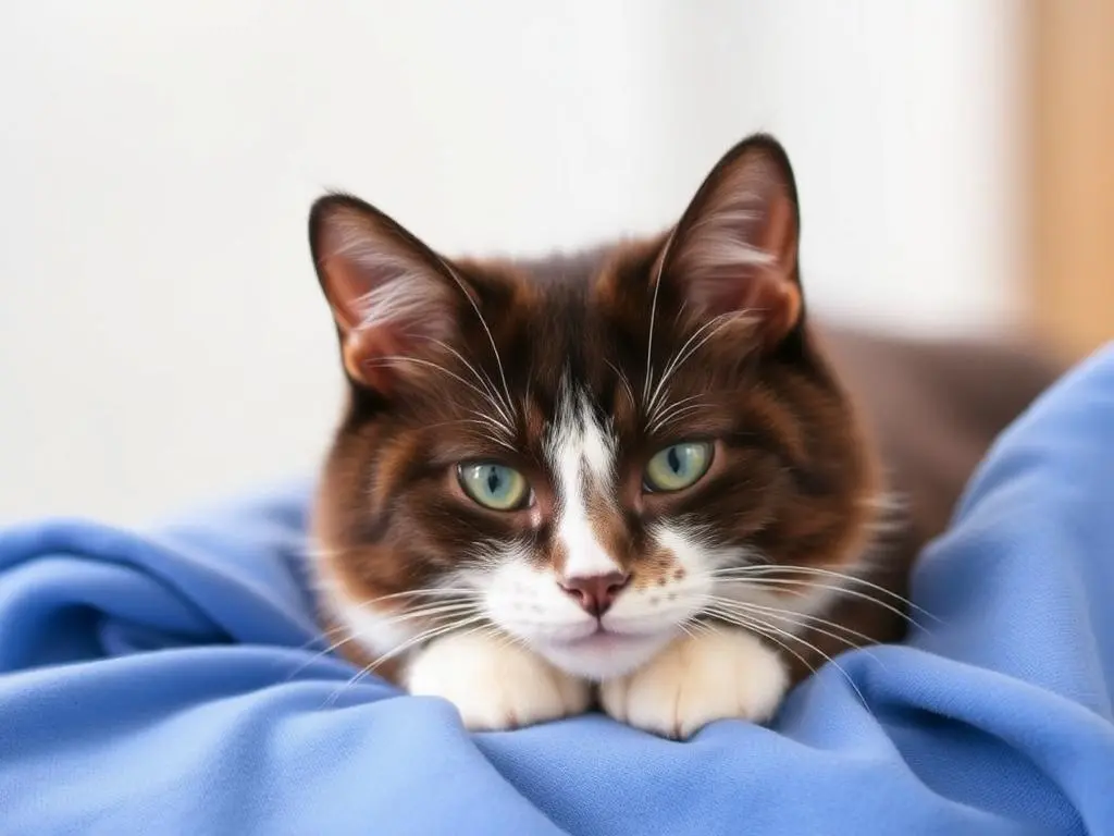 Calm and happy cat relaxing at home after being spayed or neutered.