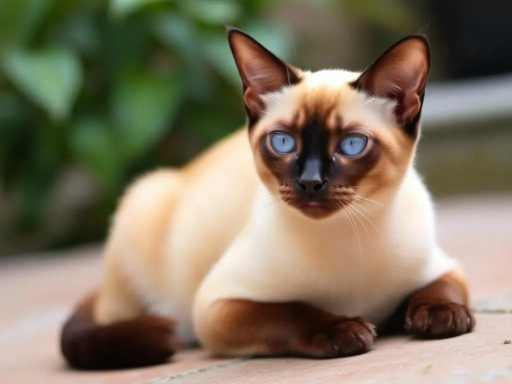  A Siamese cat with piercing blue eyes and a sleek, elegant body, showing off its distinct pointed coat.