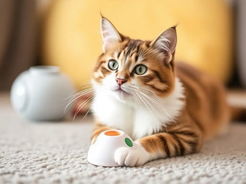 Cat having fun playing with toys.