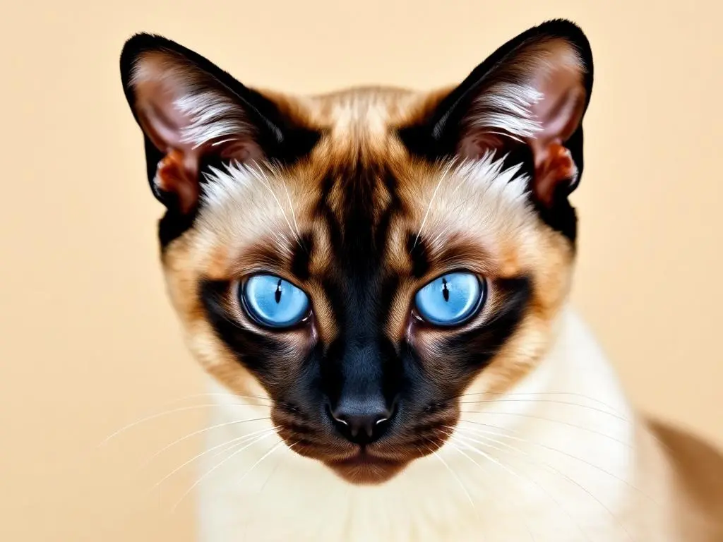 A Siamese cat with striking blue almond-shaped eyes and a sleek, short coat with pointed coloration.