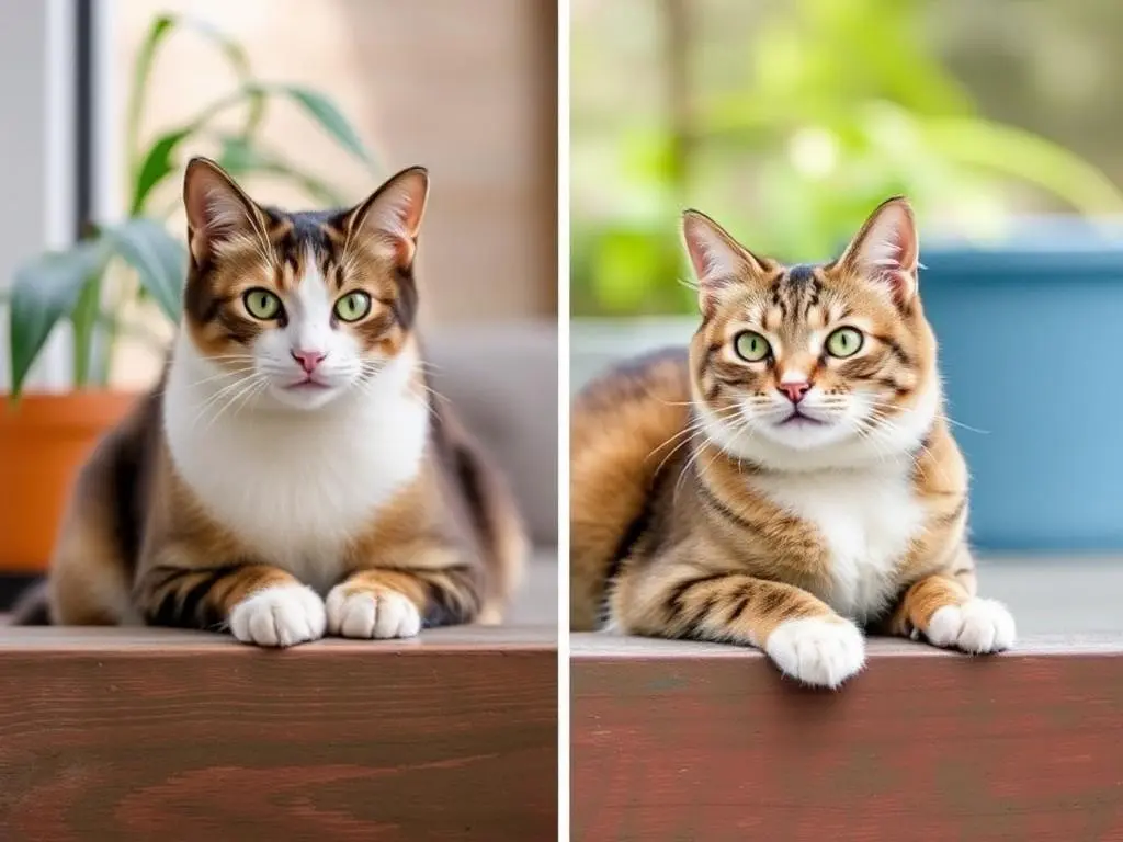 An indoor cat relaxing by a window while an outdoor cat explores the garden.