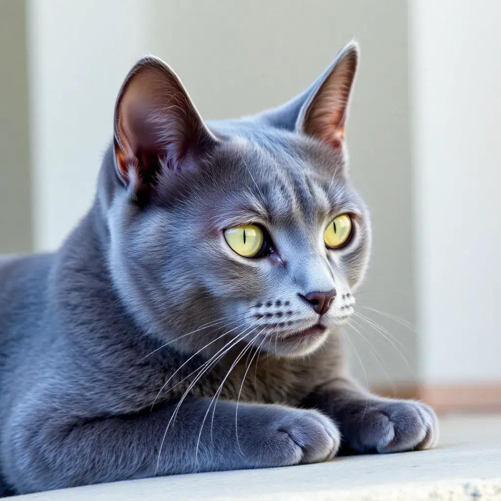 "Russian Blue Cat: The Ultimate Gentle and Elegant Feline" 2 Russian Blue Cat with soft blue-gray fur and striking green eyes.