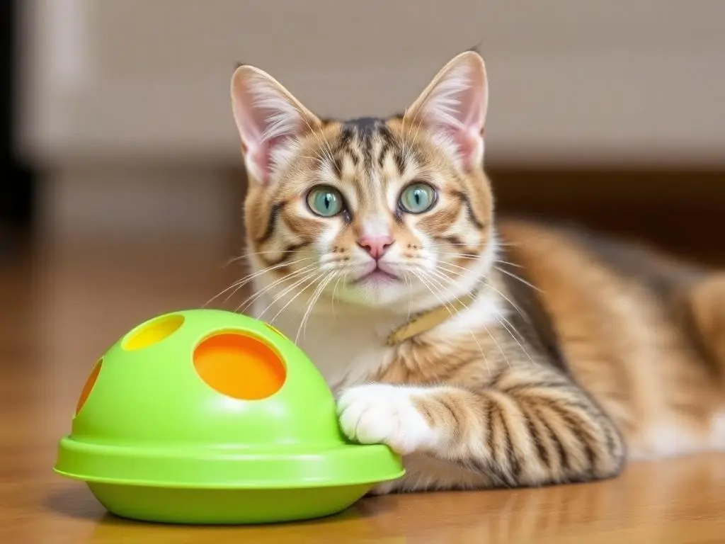 A joyful cat playing with a toy, staying active and happy.