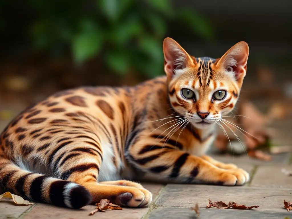 A Bengal cat with a sleek, spotted coat, showcasing its wild and elegant appearance.