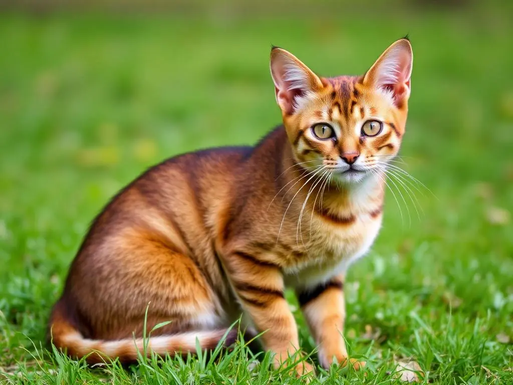  Abyssinian cat with a sleek, ticked coat and alert, curious expression.