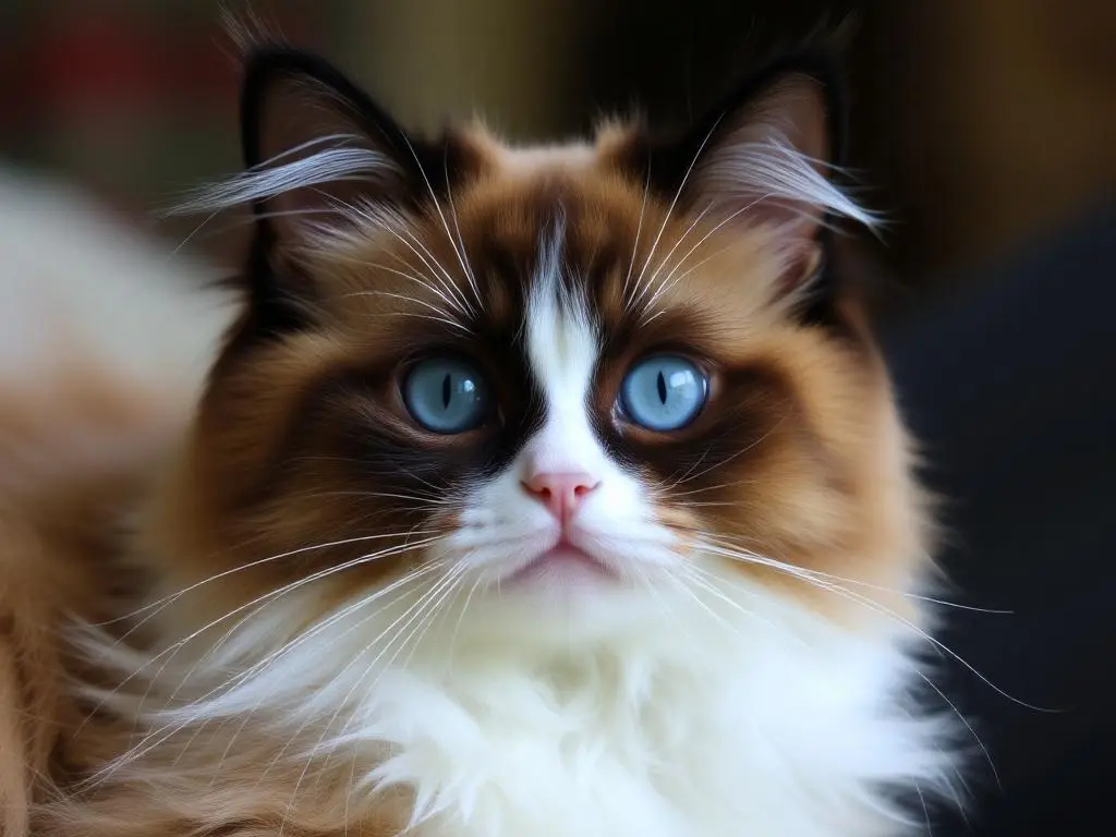 A Ragdoll cat resting peacefully, displaying its fluffy coat and deep blue eyes.