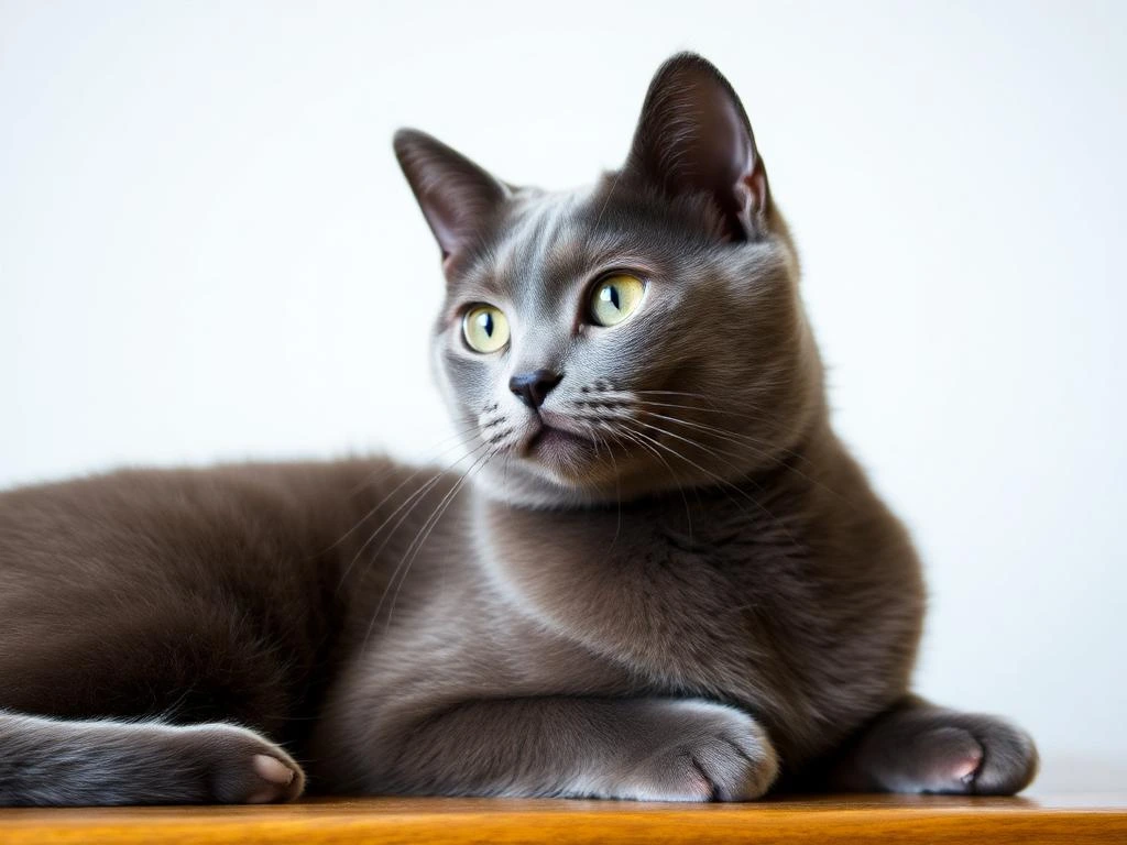 Russian Blue Cat with sleek blue-gray coat and vivid green eyes."