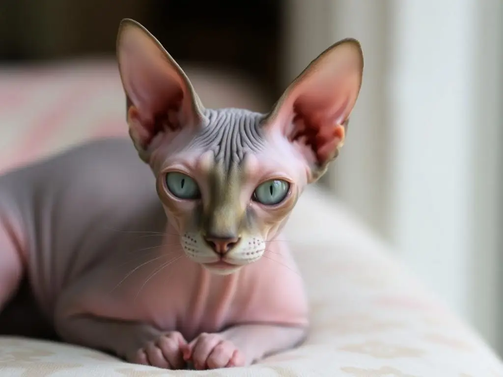 A curious Sphynx cat gazing attentively, highlighting its striking features and hairless skin.