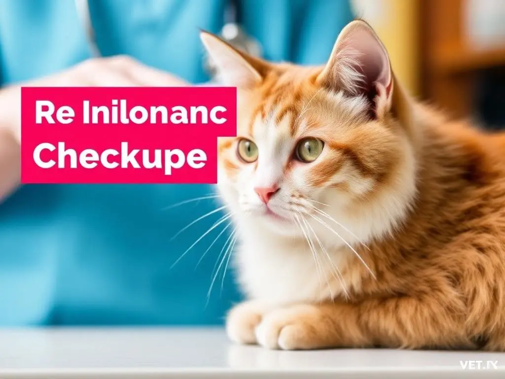 A cat being examined by a veterinarian with a stethoscope.