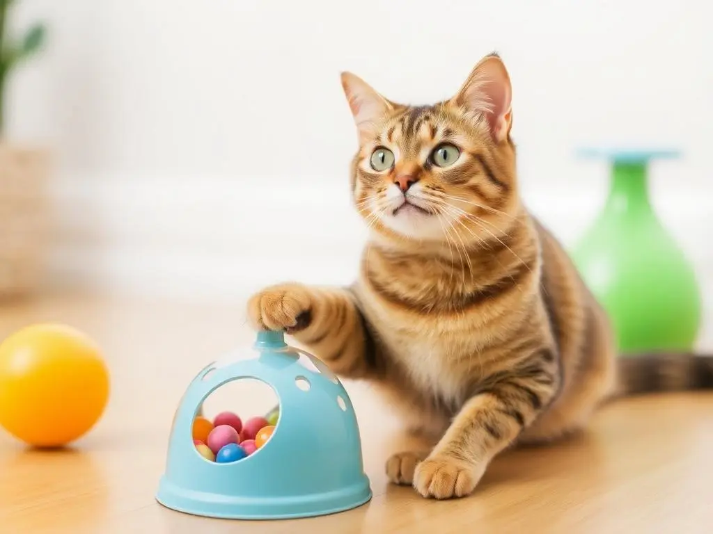 A cat playing with various toys to stay entertained and active.