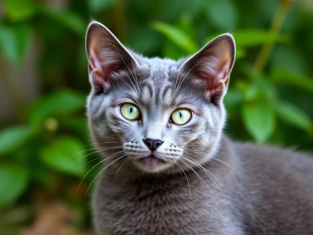 Russian Blue Cat with soft blue-gray fur and striking green eyes.