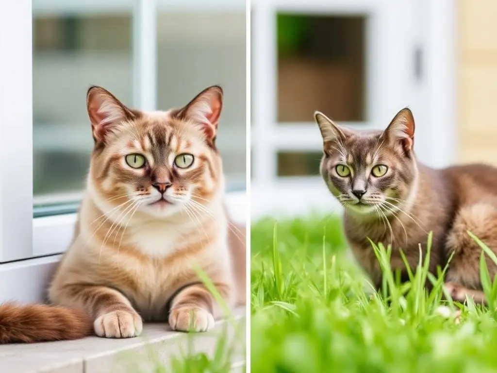 A cat lounging indoors and another cat exploring outside in nature.