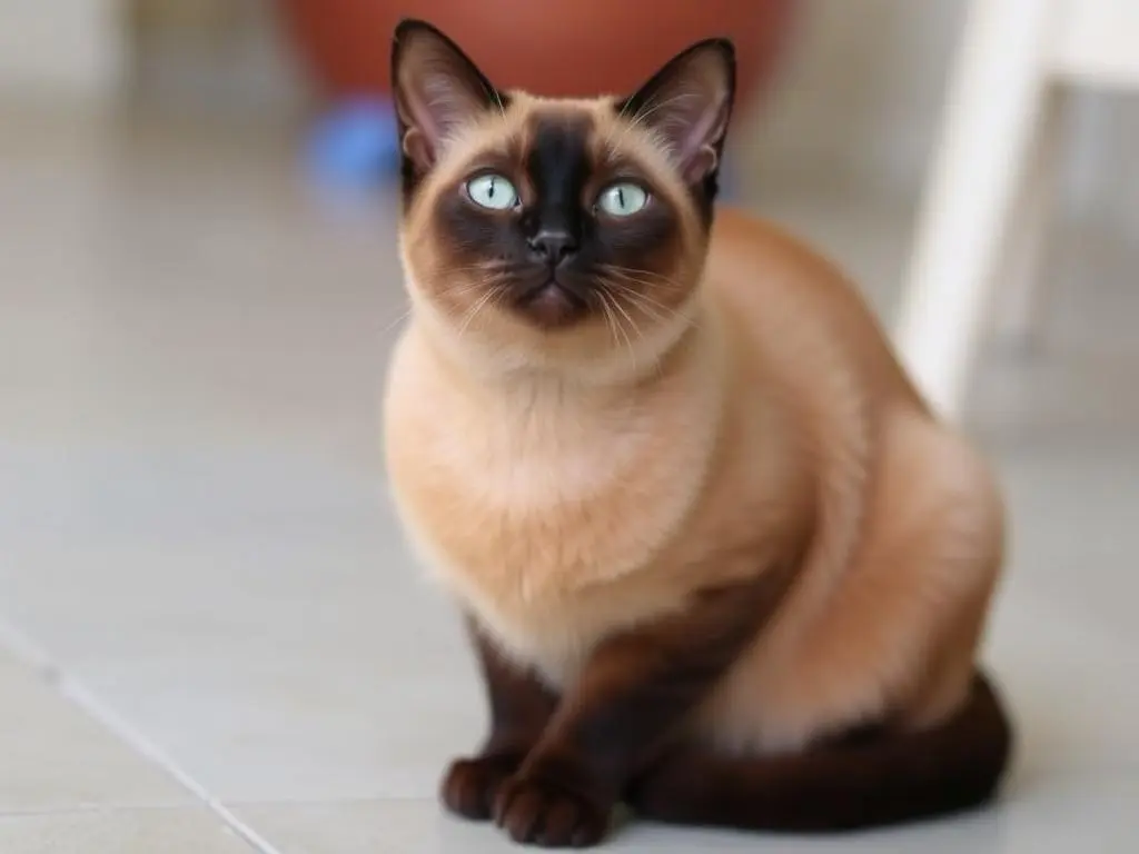 Burmese cat with golden eyes and a soft, glossy coat, exuding warmth and charm.